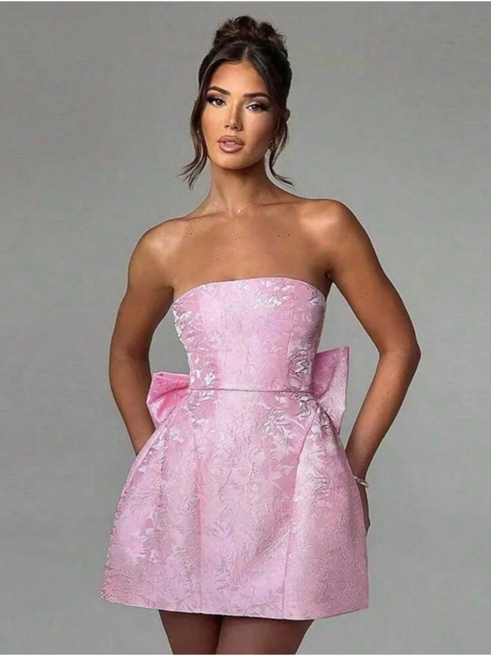 Strapless Pink Jacquard Mini Bow Dress